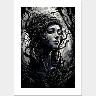 and white image depicts a woman with a tree sprouting blackfrom her head Posters and Art